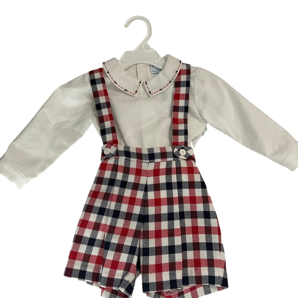 Luli & Me Baby Boys Red Navy Plaid Suspender Shorts Shirt Set 6M Holiday New